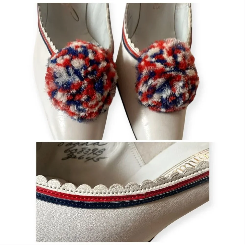 Vintage 50s/60s Julianelli's for Montaldo's  White Leather Pom Pom Heels 8AAA